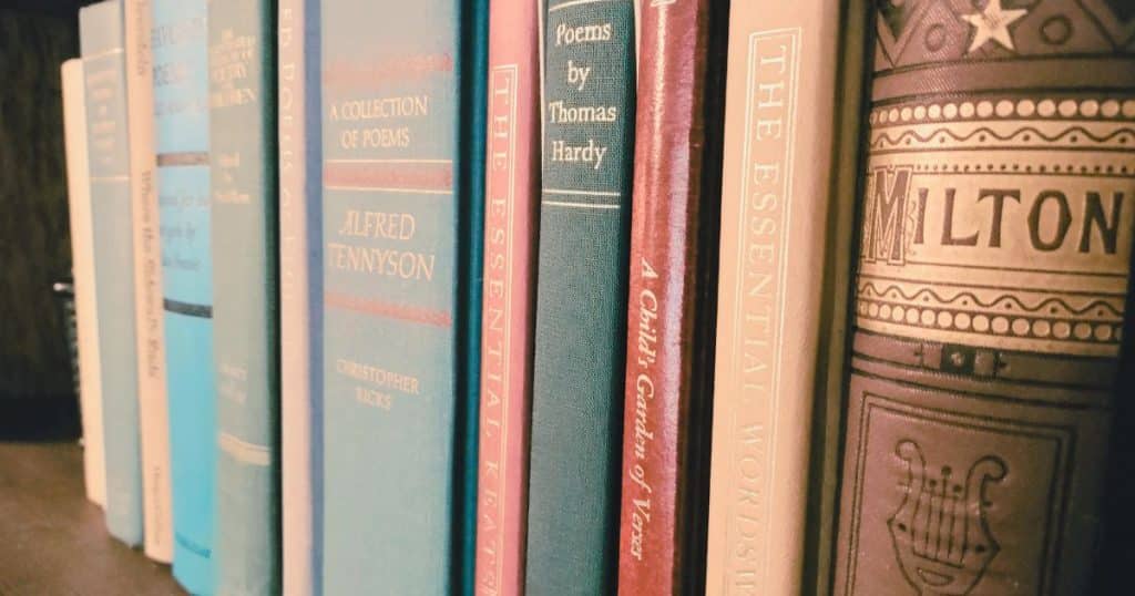 Poetry books lined up on a bookshelf. Classic poems for children, poetry books for kids