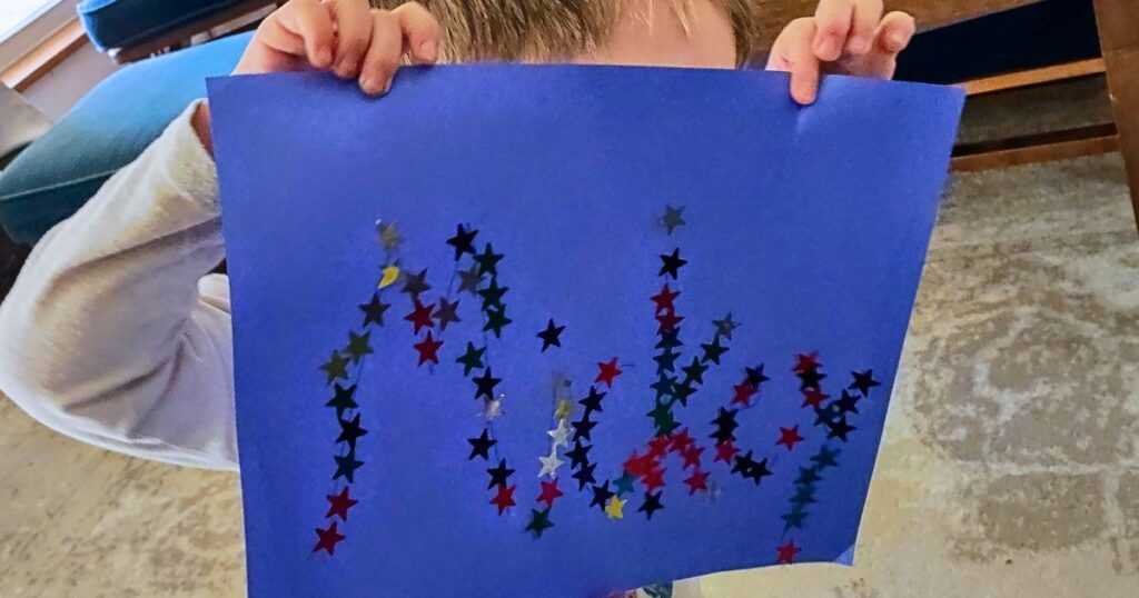 3-5 year old displays name created with star stickers. Preschool space books, space activities for preschoolers, outer space activities for preschoolers